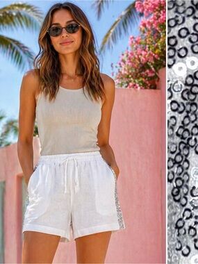Saks Fifth Avenue Silver Sequin Side Stripe White Linen Athletic Shorts M NWT